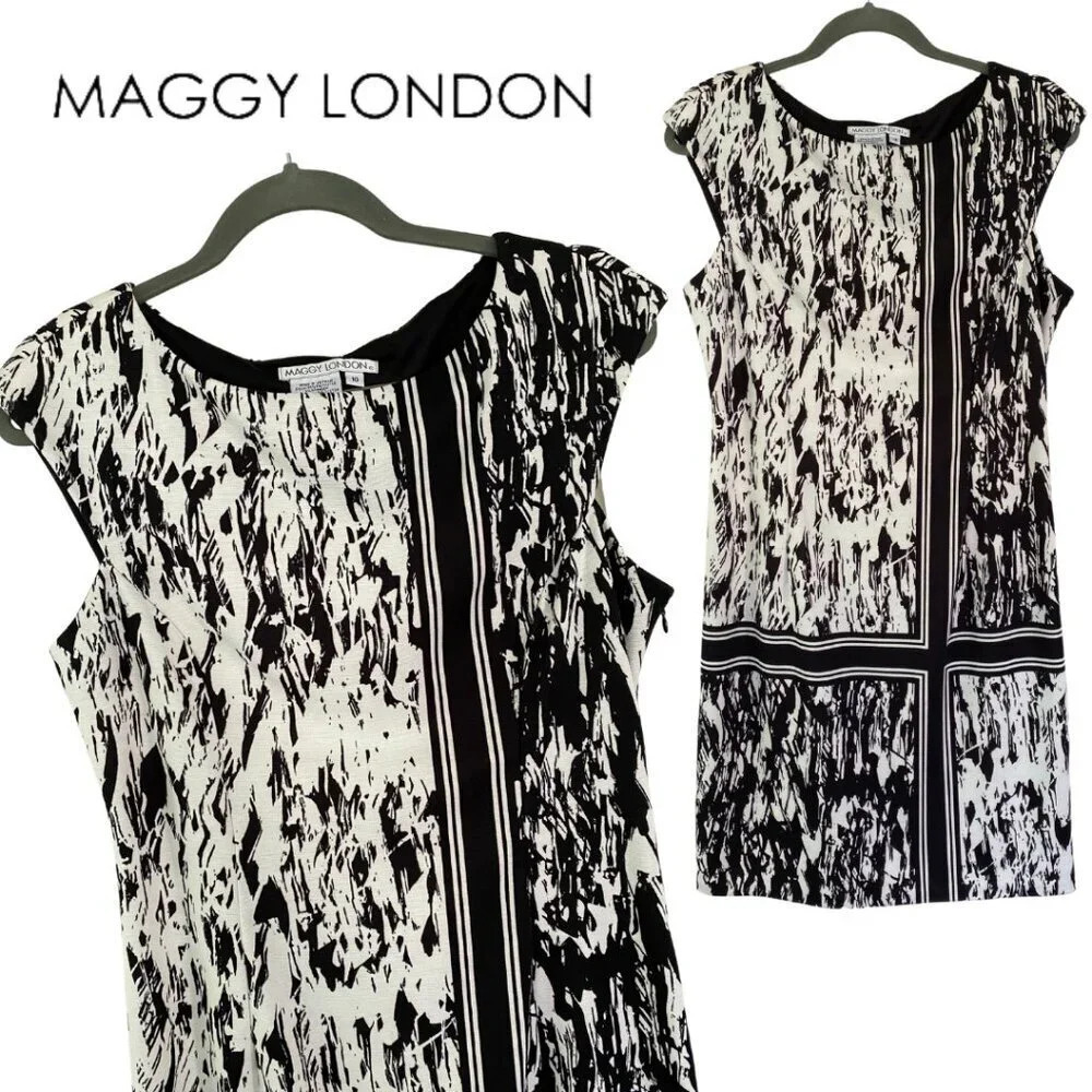 Maggy London, Scuba Cap‎ Sleeve Abstract Sheath Dress, Black, White